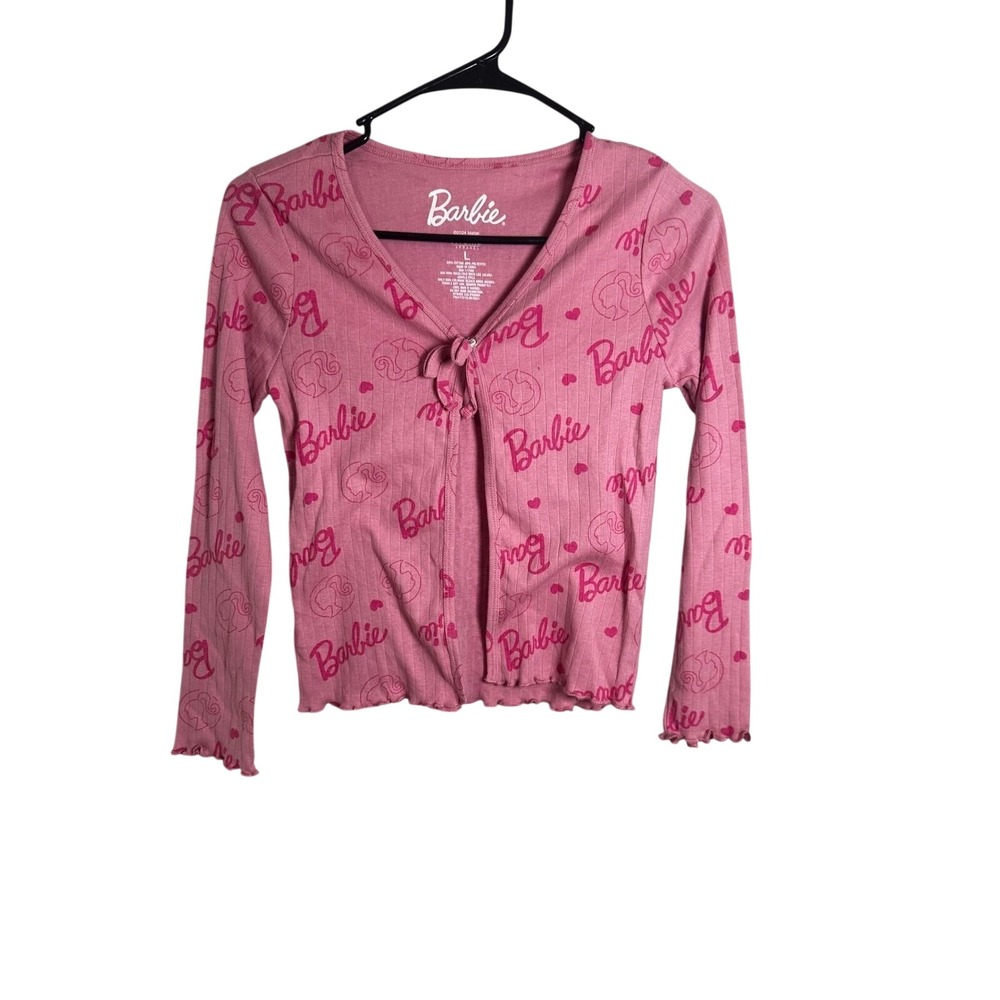 Barbie Hybrid Apparel Pink Ribbed Tie‎ Front Long Sleeve Lettuce Trim Top Large